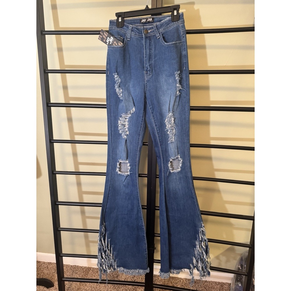 Women's Flared Bell Bottom Jeans Shredded Distressed Stretch JC JQ Small NEW Tag